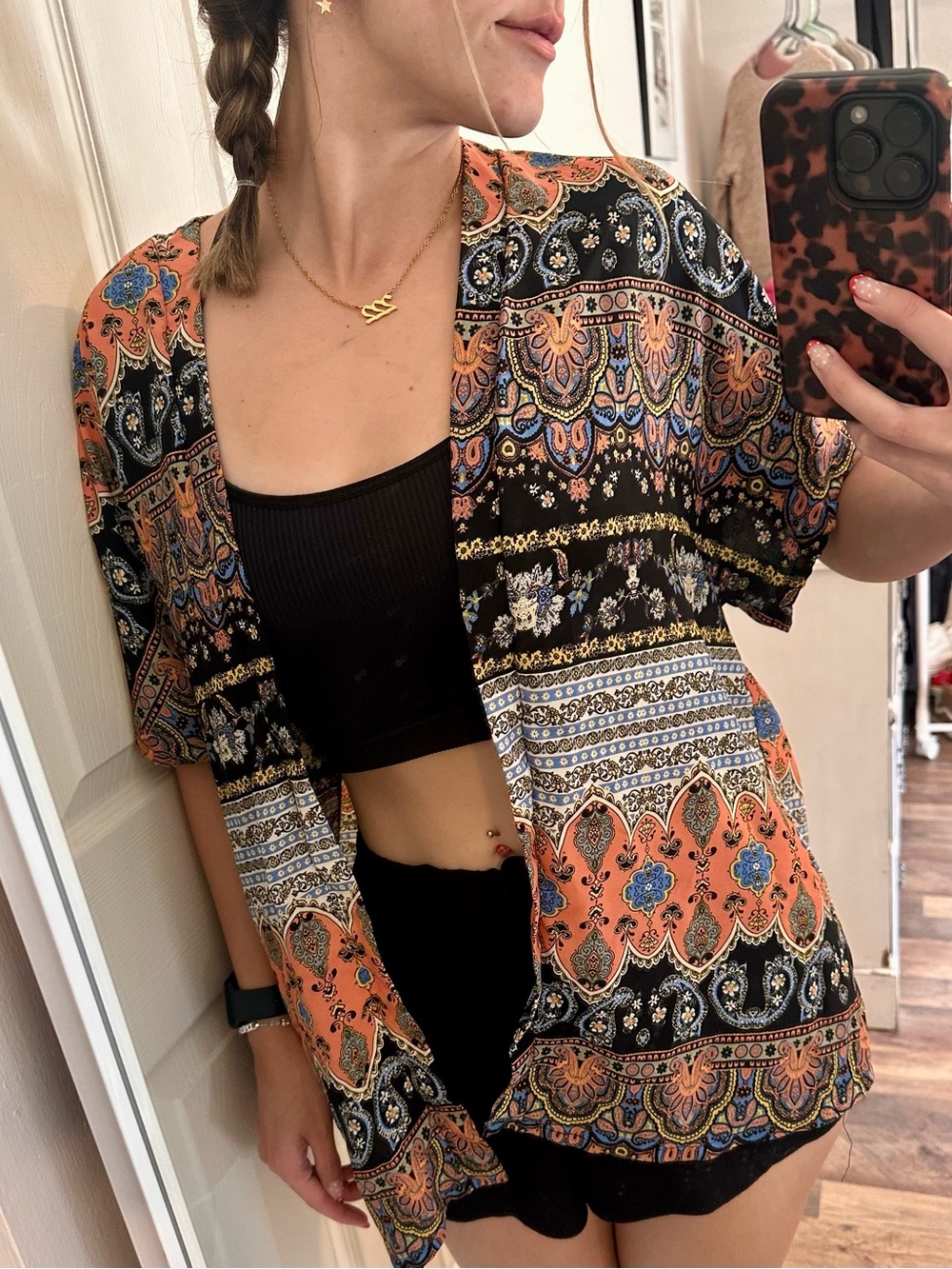 La Hearts Orange & Black Boho Open-Front Kimono